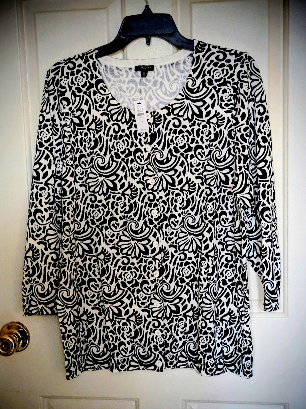 Talbots Black & White Floral Print Charming Cardigan Sweater